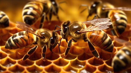 Macro view of the working bees on honeycells. - obrazy, fototapety, plakaty