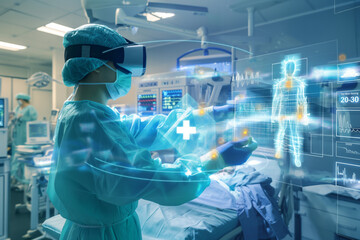 Doctors using VR glasses spatial computer virtual reality goggles in operation room for diagnosis - obrazy, fototapety, plakaty