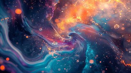 Glittering particles cascading through a sea of swirling, ethereal fluids, creating a captivating abstract scene.