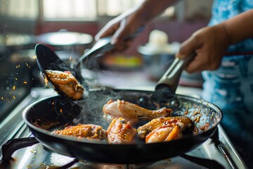 a person cooking chicken wings