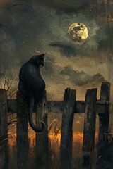 On a full moon night, a black cat sits on a wooden fence,