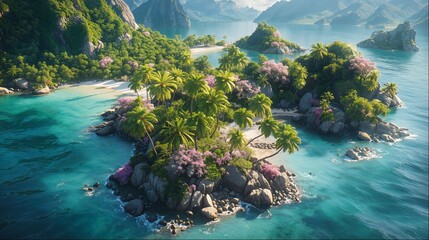 Idyllic Tropical Beach with Pink Blossoms