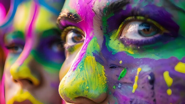 A closeup of a group of friends painting faces with bright green yellow and purple paint in preparation for a Carnival party.