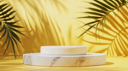 Product presentation with a shadow of tropical palm leaves. Marble podium, stage pedestal platform for displaying cosmetic product, Mockup yellow wall abstract background Spring and summer