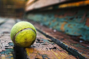 a tennis ball on a bench - obrazy, fototapety, plakaty