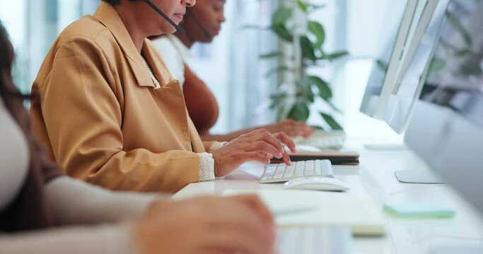 People, call center and typing with headset at computer or customer service conversation, technical support or online. Women, colleagues and telemarketing for contact us or internet, office or advice