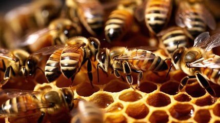 Macro view of the working bees on honeycells. - obrazy, fototapety, plakaty