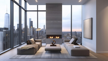 A luxurious living room in a condominium building with a fireplace and a stunning view of the city skyline