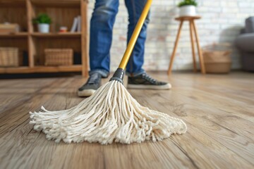 a person mopping the floor - obrazy, fototapety, plakaty