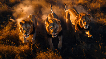 A pride of male lions, top angle aerial view