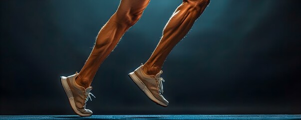 Side view of joggers legs with pulsating veins on black background . Concept Fitness, Running, Leg veins, Athletic, Black background - obrazy, fototapety, plakaty