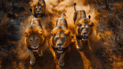 A pride of male lions, top angle aerial view