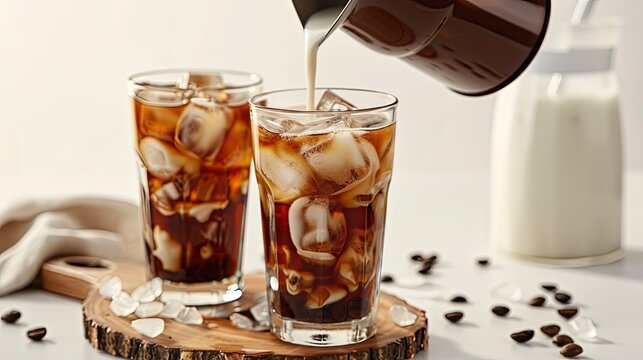 Pouring milk into a glass of iced coffee