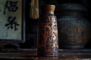 a brown vase with a picture on it