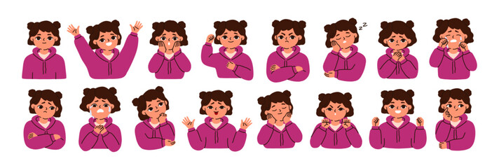 Kid emotions, facial expressions set. Childs face in different mood. Happy, upset, sad, surprised, joyful, bored and angry girl character. Flat vector illustrations isolated on white background - 755449132