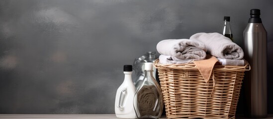 A wicker basket is shown overflowing with neatly folded towels and assorted bottles. The towels are neatly arranged in the basket, along with the various bottles. The setting suggests a laundry area