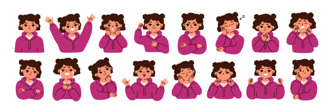 Kid emotions, facial expressions set. Childs face in different mood. Happy, upset, sad, surprised, joyful, bored and angry girl character. Flat vector illustrations isolated on white background