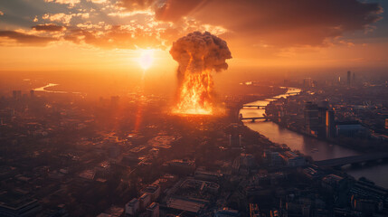Nuclear explosion over a busy city, armageddon, apocalypse, catastrophe, meteor impact over urban big city skyline	
