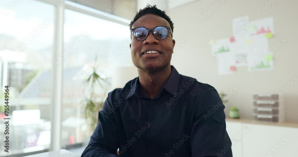 Poster face, video call and business with black man, agree and greeting with online meeting and modern offi