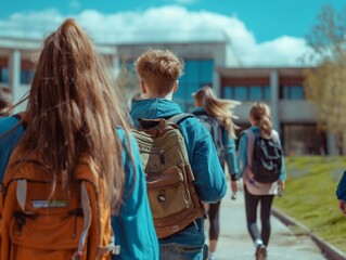 A cluster of young students with backpacks heading towards a campus building, embodying the concept of education and adolescence.