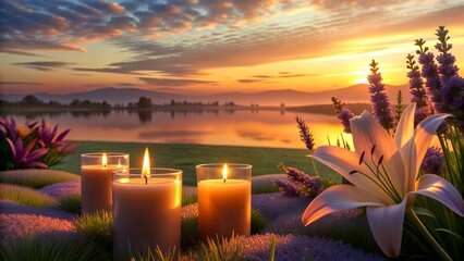 Sunset Ambience with Lilies, Lavender, and Candles by the Lake. Romantic candlelight dinner by the...