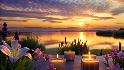 Peaceful Lake Sunset with Flowers and Candles on Wooden Pier. Romantic candlelight dinner by the...