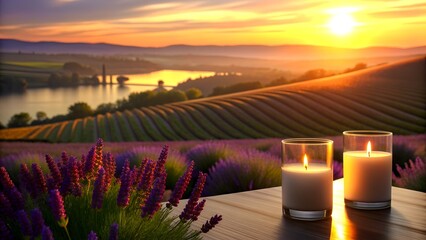 Countryside Sunset with Scented Candles and Lavender Flowers. A lavender field at sunset. A...