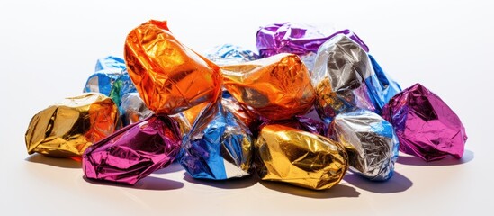 A pile of colorful foil-wrapped chocolates stacked on top of each other, displayed in a clear glass on a white backdrop.