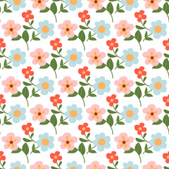 Vector Seamless Floral Pattern on White Background with Flowers. Vivid Colorful Groovy Flower pattern design.