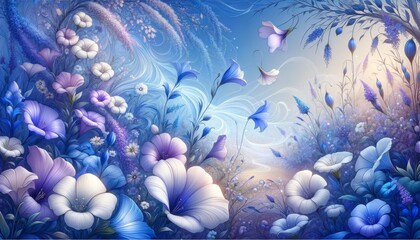Illustration featuring delicate blue flowers blooming in a whimsical garden image 2 - obrazy, fototapety, plakaty