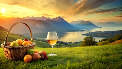 Picnic at Sunset Overlooking Mountain Lake with Wine and Fruit Basket.  A romantic date in a meadow...