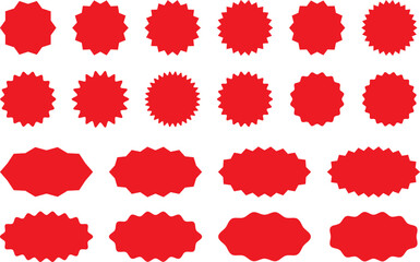 Starburst red sticker set - collection of special offer sale oval and round shaped sunburst labels and badges. Promo stickers and badges with star edges. Vector.
