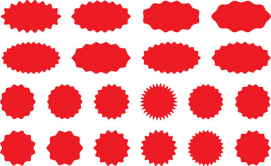 Starburst red sticker set - collection of special offer sale oval and round shaped sunburst labels and badges. Promo stickers and badges with star edges. Vector.
