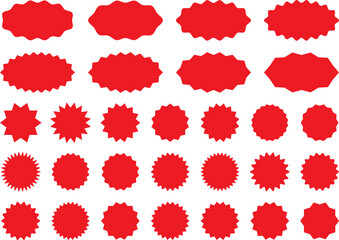 Starburst red sticker set - collection of special offer sale oval and round shaped sunburst labels and badges. Promo stickers and badges with star edges. Vector.