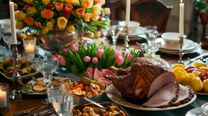 Traditional Easter Dinner Table with Roast and Ham
