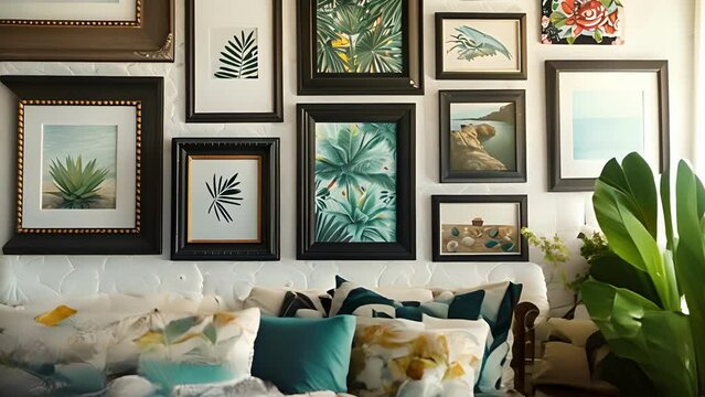 A photo of a decorative wall collage made out of inexpensive frames and prints showcasing how small touches can transform a space on a budget.