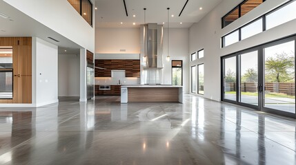 a modern vernacular home, luxury living with a blend of polished concrete floors, pristine white plaster walls, and rich wood accents, diffused daylight softening the textures. generative AI