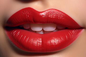 Obraz premium Sensual Lips Close-Up, Vibrant Red Lipstick Adorning Plump Lips in High-Definition, Beauty and Glamour Concept for Cosmetics Advertisement