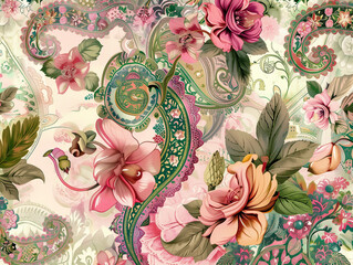 Vintage Indian Wedding: Luxurious Hand-Drawn Floral Motif Textile Print, Intricate Paisley Ornamentation, Classic Bohemian Embellishment for Stylish Matrimony Cover, Romantic Retro Illustration
