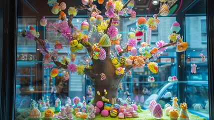 Creative Easter Candy Tree in Shop Window Display