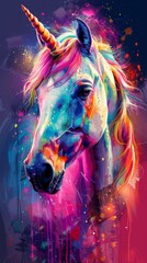 A dazzling digital painting of a unicorn with a colorful and dynamic splashes of paint creating a whimsical and artistic vibe.