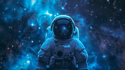 Astronaut in a space suit with the cosmos reflected in the visor against a backdrop of interstellar space.