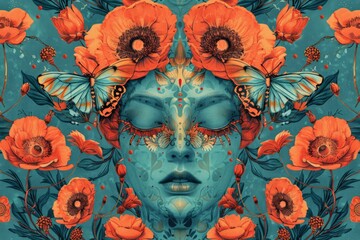 Artistic illustration blending a woman face with vibrant orange flowers and butterflies creating a surreal and nature artwork.