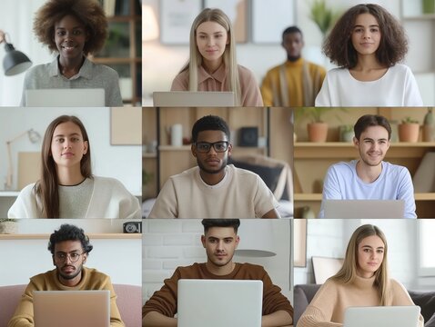 Grid Of Nine Diverse People Engaging In Remote Work Or Virtual Communication.