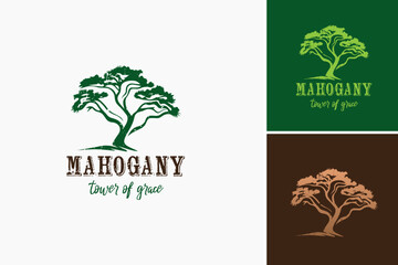a tree with a sign saying mahogany tower of grace logo design template. Perfect for nature themed designs or promoting eco friendly initiatives. - obrazy, fototapety, plakaty