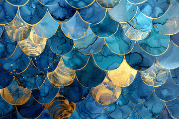 Fototapeta premium Seigaiha Abstract Blue and Gold Fluid Wave Texture Artistic Horizontal background