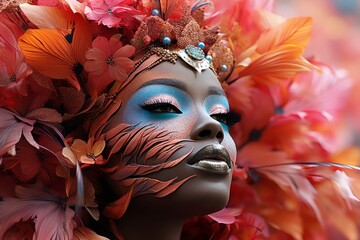 Elegant woman adorned in vibrant floral costume with artistic makeup