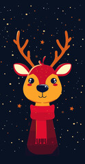 Cute Deer in Red Scarf Amid Stars, Flat Illustration with High Definition Details, Svg Vector Clipart
