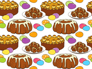 Easter cakes seamless pattern. Easter bakery, bread background for cookbook, greeting card, poster, invitation, banner, menu design. doodle background wrapping paper. cross ban, pannetone, Simnel cake