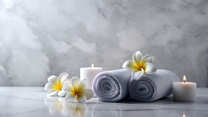 Elegant Spa Arrangement with Candles, Towels, and Plumeria on Marble